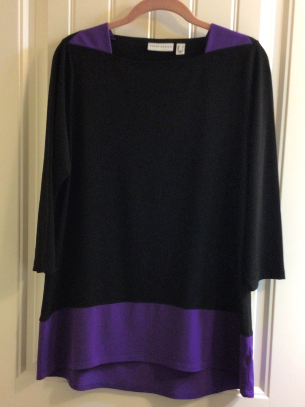 Susan Graver Tunic Black Purple Color Block 3/4 Sleeves